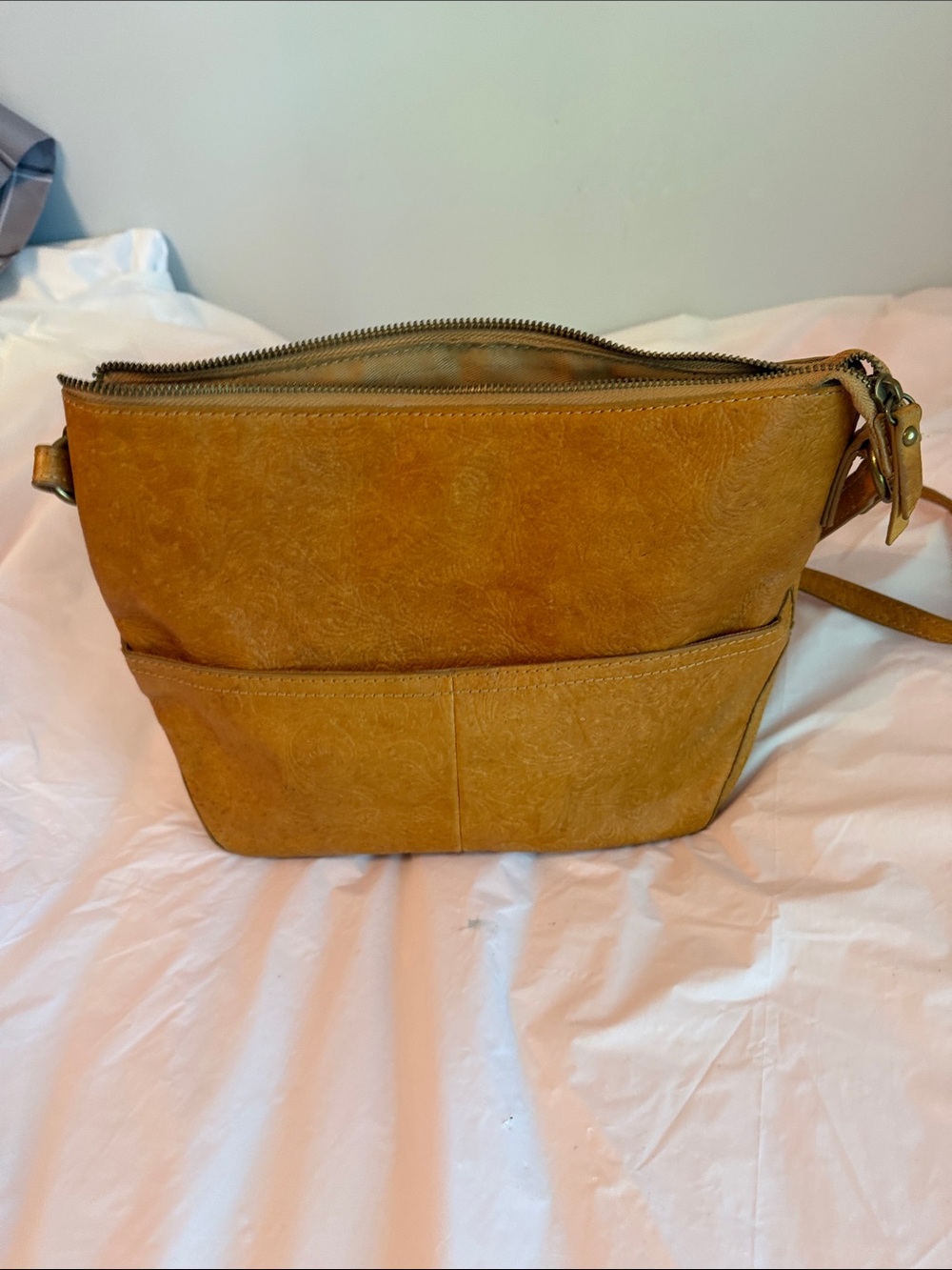 Steven by Steve Madden Tan Embossed genuine leather Crossbody Boho bucket Bag